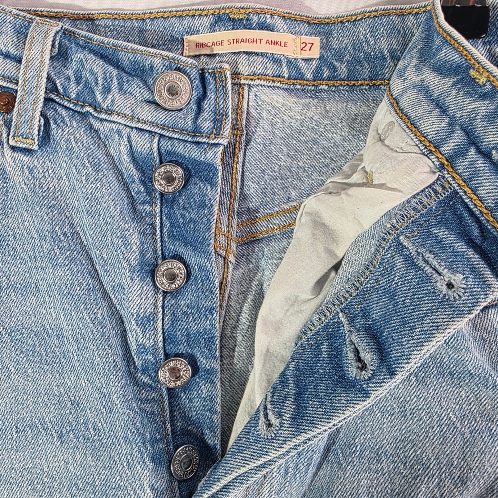 Levis Ribcage BIG E Straight Ankle Jeans Light Wash Distressed High Rise 27x26 - Picture 7 of 14